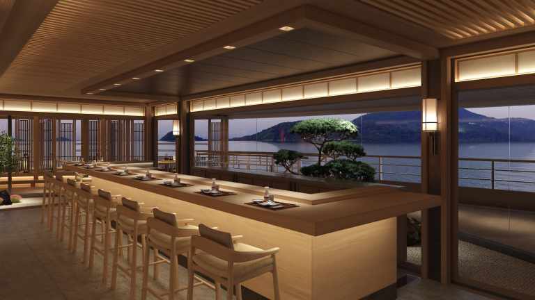 Interior of Amangati’s Asian-inspired restaurant with ocean views and contemporary design.