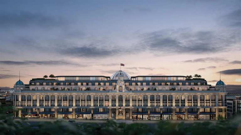 Six Senses London hotel exterior in the restored Whiteley building in Bayswater
