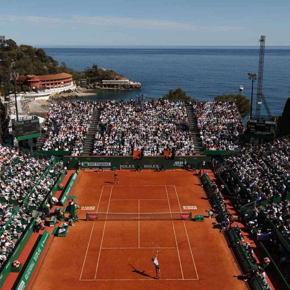 Clay tennis courts at the Rolex Monte-Carlo Masters with Mediterranean sea view, Monaco April 2025