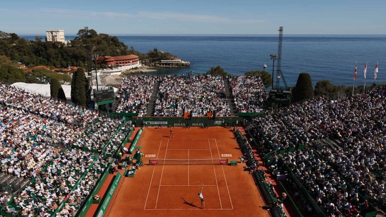 Clay tennis courts at the Rolex Monte-Carlo Masters with Mediterranean sea view, Monaco April 2025