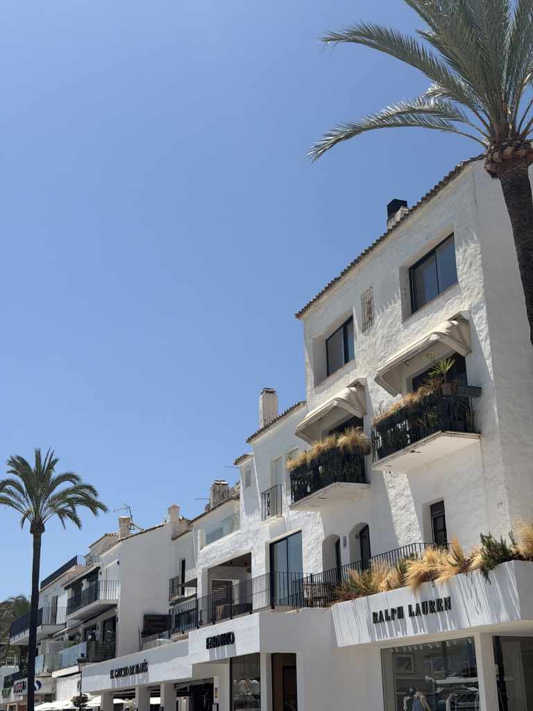 Traditional white Andalusian buildings and palm trees in Puerto Banús, Marbella.